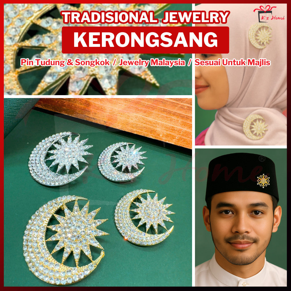 Kerongsang Bulan Bintang Diamond Pin Tudung Songkok Badge Merdeka Majlis Gold Silver Full Bright