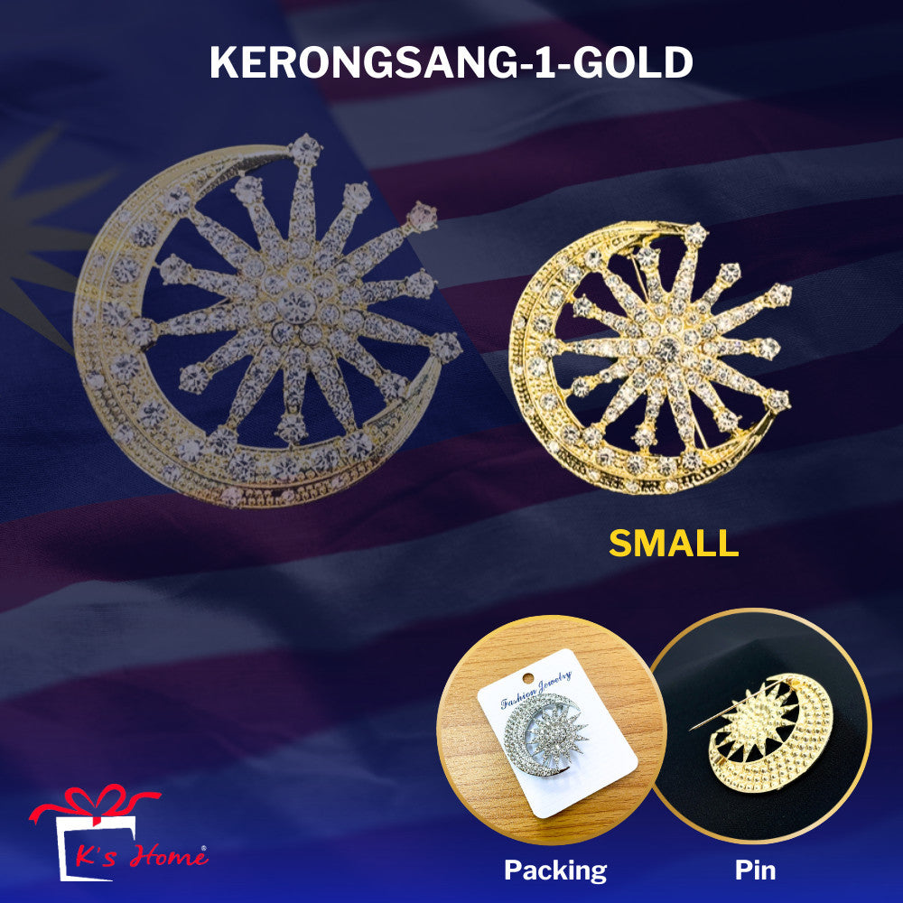 Kerongsang Bulan Bintang Diamond Pin Tudung Songkok Badge Merdeka Majlis Gold Silver Full Bright