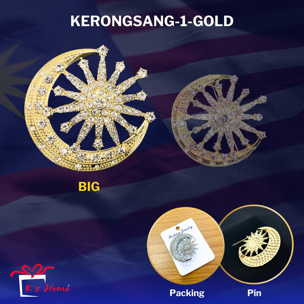 Kerongsang Bulan Bintang Diamond Pin Tudung Songkok Badge Merdeka Majlis Gold Silver Full Bright