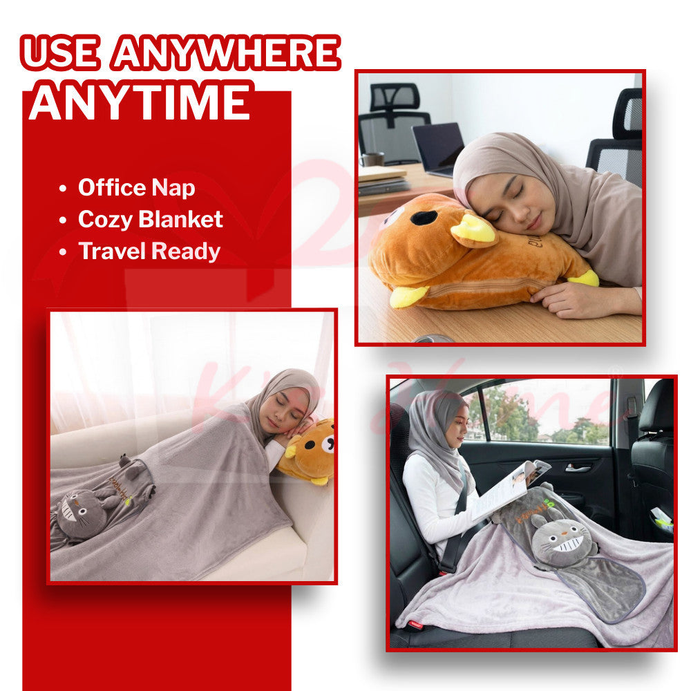 2in1 Pillow Blanket Plush Flannel Soft Cushion Zip Travel Office Nap Bantal Selimut 2合1枕头被毯 午休被毯 车用被