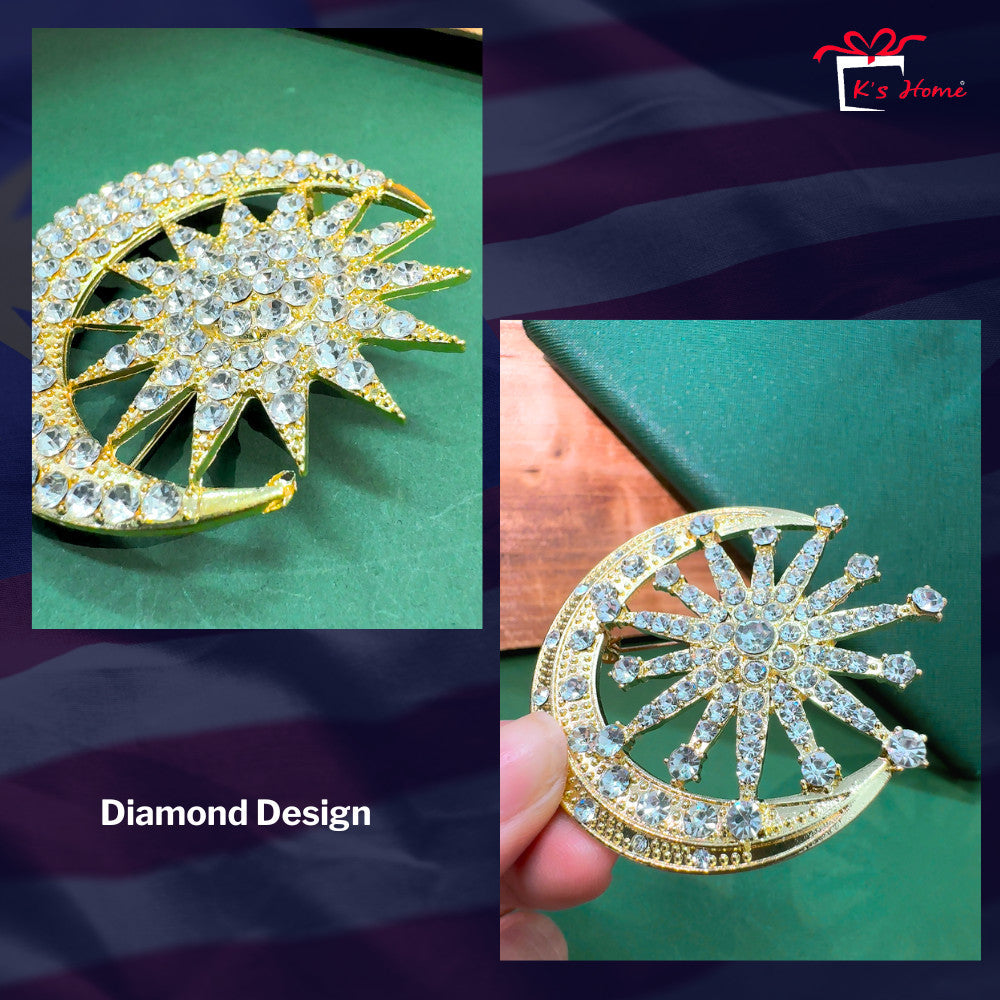 Kerongsang Bulan Bintang Diamond Pin Tudung Songkok Badge Merdeka Majlis Gold Silver Full Bright