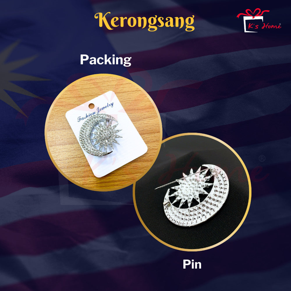 Kerongsang Bulan Bintang Diamond Pin Tudung Songkok Badge Merdeka Majlis Gold Silver Full Bright