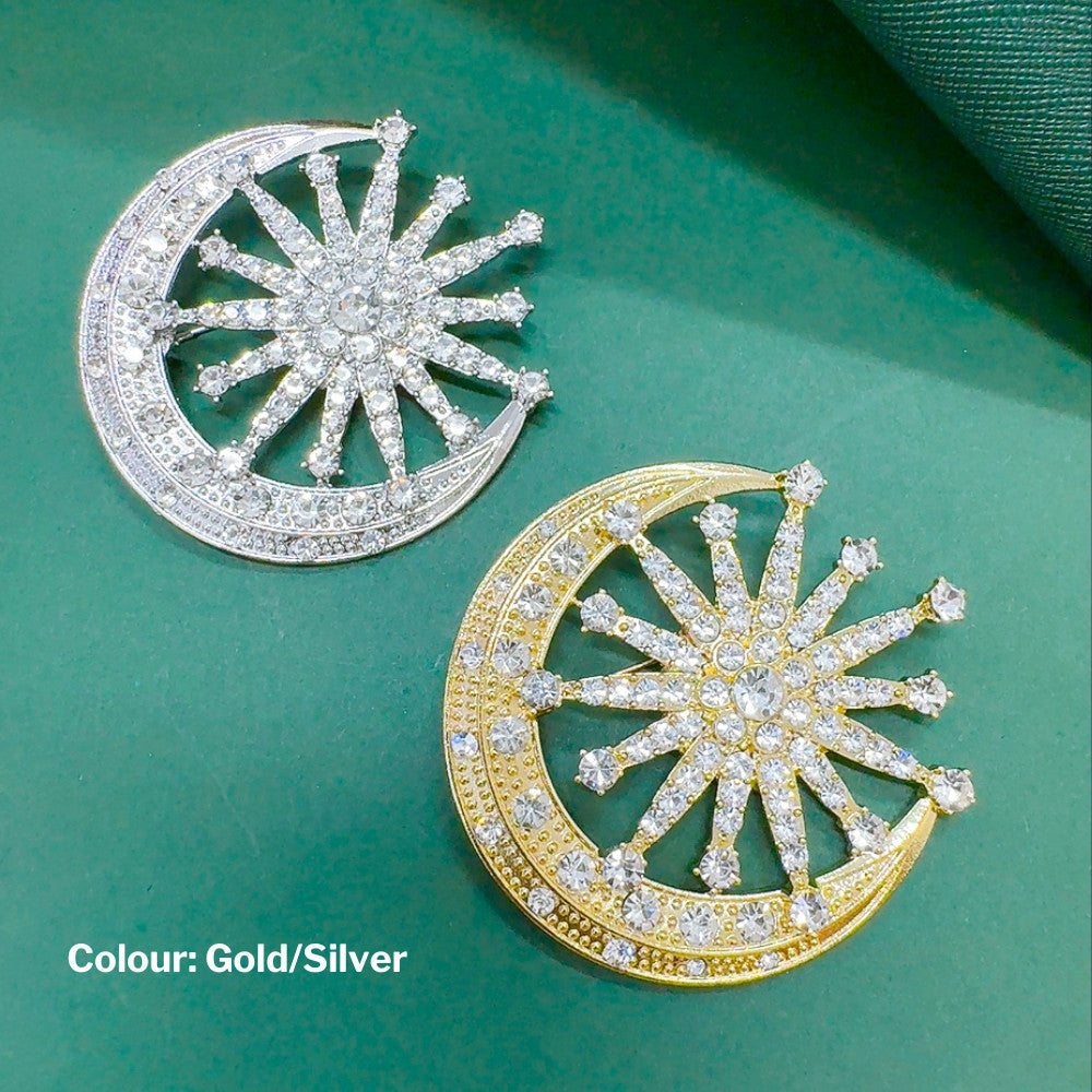 Kerongsang Bulan Bintang Diamond Pin Tudung Songkok Badge Merdeka Majlis Gold Silver Full Bright