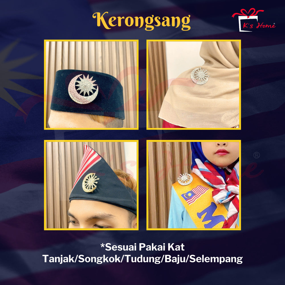 Kerongsang Bulan Bintang Diamond Pin Tudung Songkok Badge Merdeka Majlis Gold Silver Full Bright